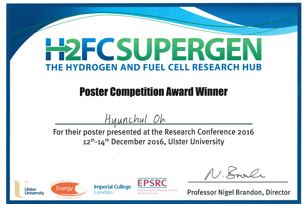 7. Prof. Oh won a best poster award (with £100 cash) at H2FC Researcher Conference held at Belfast, UK