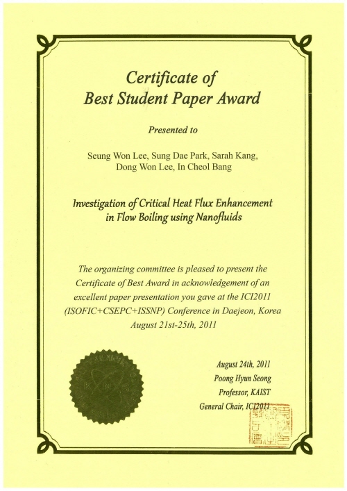 Certificate of Best Student Paper Award
